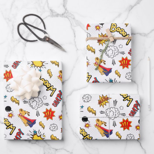 可愛いタイル張りスーパーヒーローのキッズパーティー ラッピングペーパーシート (正面)