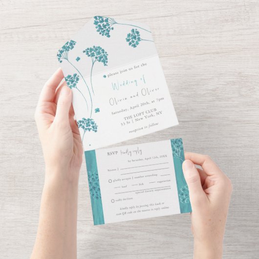可愛いターコイズの流結婚れが一つの招待状に収まる オールインワン招待状 (貼ってはがせる)