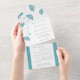 可愛いターコイズの流結婚れが一つの招待状に収まる オールインワン招待状