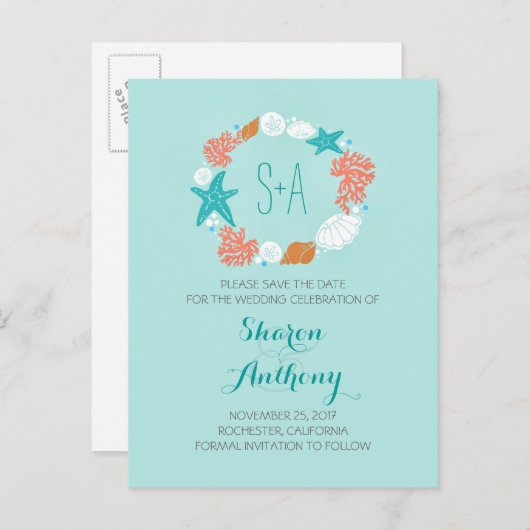 可愛いターコイズビーチ結婚式保存日付 案内ポストカード (正面/裏面)