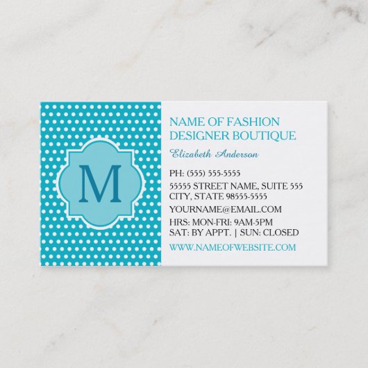 可愛いターコイズ水玉模様とモノグラムガーリー 名刺 (正面)