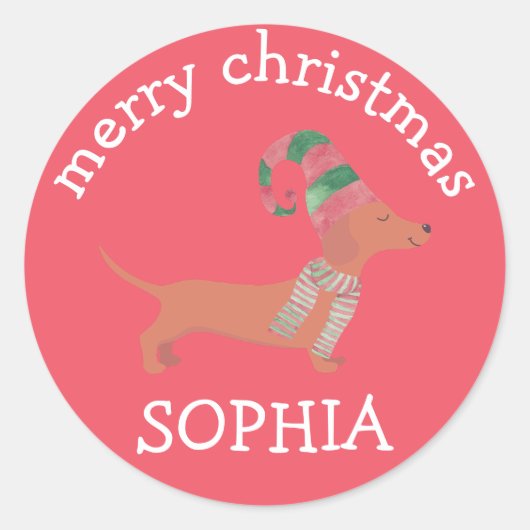 可愛いダシュント子犬の愛犬メリークリスマス ラウンドシール (正面)