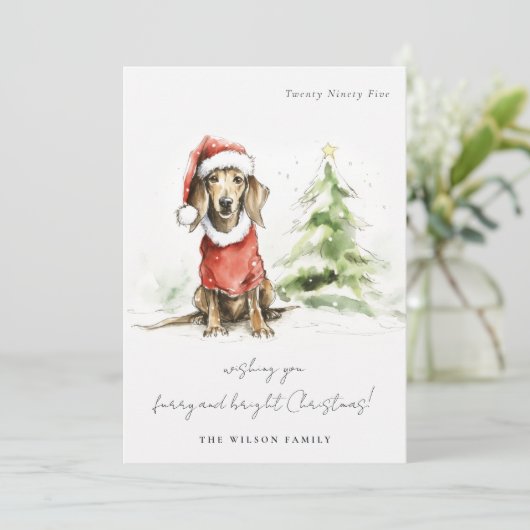 可愛いダシュント犬の毛皮と明るいクリスマス シーズンカード (スタンド正面)
