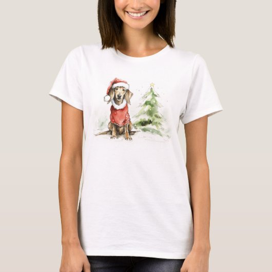 可愛いダシュント犬の毛皮と明るいクリスマス Tシャツ (正面)