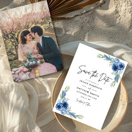 可愛いダスティブルーの花の写真の結婚式 セーブザデート