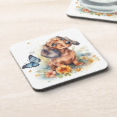 可愛いダックシュント子犬の水色 コースター (左側)