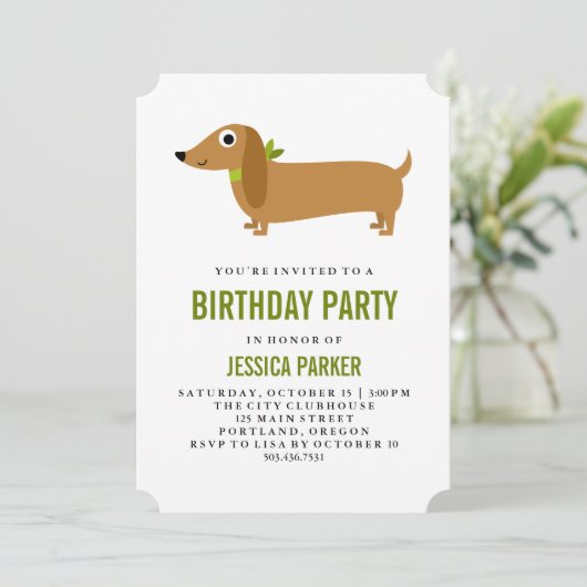 可愛いダックスシャント子犬の誕生日パーティー 招待状 (スタンド正面)