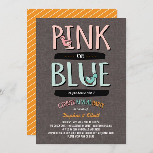 可愛いダックピンクまたはブルーベビー性別がパーティーを明かす 招待状 (正面/裏面)