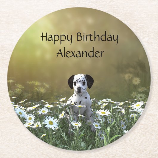 可愛いダルマチアンパピーinデイジー ラウンドペーパーコースター (正面)