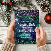 可愛いダークパープルグリーンフェイクグリッタークリスマス 招待状