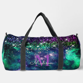 可愛いダークパープルグリーンフェイクグリッターモノグラム ダッフルバッグ