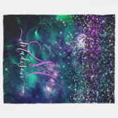 可愛いダークパープルグリーンフェイクグリッターモノグラム フリースブランケット (正面(横))