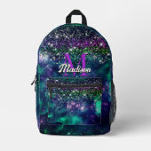 可愛いダークパープルグリーンフェイクグリッターモノグラム プリントバックパック (正面)