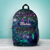 可愛いダークパープルグリーンフェイクグリッターモノグラム プリントバックパック