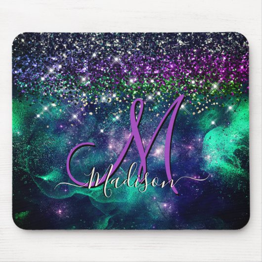 可愛いダークパープルグリーンフェイクグリッターモノグラム マウスパッド (正面)