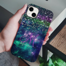 可愛いダークパープルグリーンフェイクグリッターモノグラム Case-Mate iPhone 14ケース