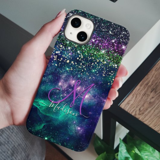 可愛いダークパープルグリーンフェイクグリッターモノグラム Case-Mate iPhoneケース