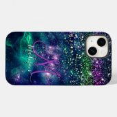 可愛いダークパープルグリーンフェイクグリッターモノグラム Case-Mate iPhoneケース (裏面 (横))