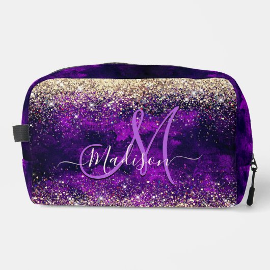 可愛いダークパープル金ゴールドフェイクグリッターモノグラムアクセス ドップキット (正面)