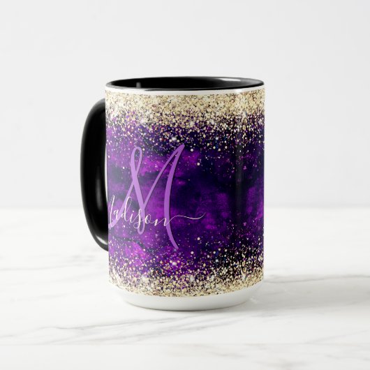 可愛いダークパープル金ゴールドフェイクグリッターモノグラム マグカップ (正面左)