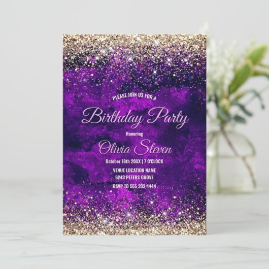 可愛いダークパープル金ゴールドフェイクグリッターモノグラム 招待状 (スタンド正面)