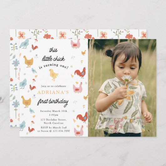 可愛いチキンヘンスチックガールファースト誕生日写真 招待状 (正面/裏面)