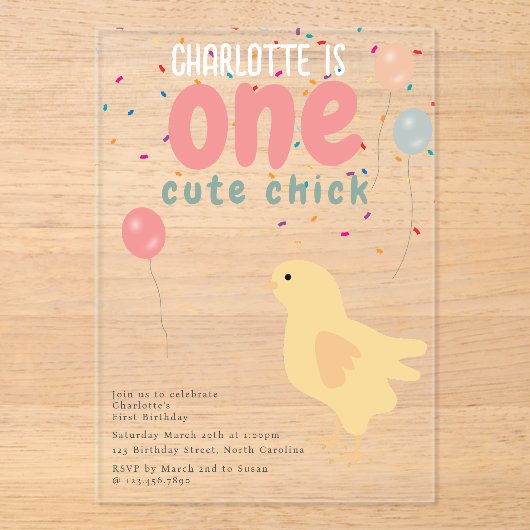 可愛いチキンヘンスチックガール最初の誕生日 アクリル招待状 (正面)