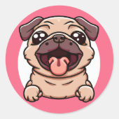可愛いチビ(小さくかわいく書いた感じ)パグが突き出し貫通穴 ラウンドシール (正面)
