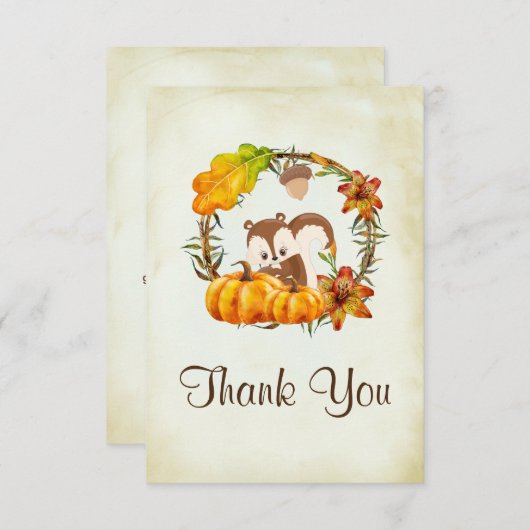 可愛いチムンクとカボチャの赤ちゃん感謝していシャワー サンキューカード (正面/裏面)