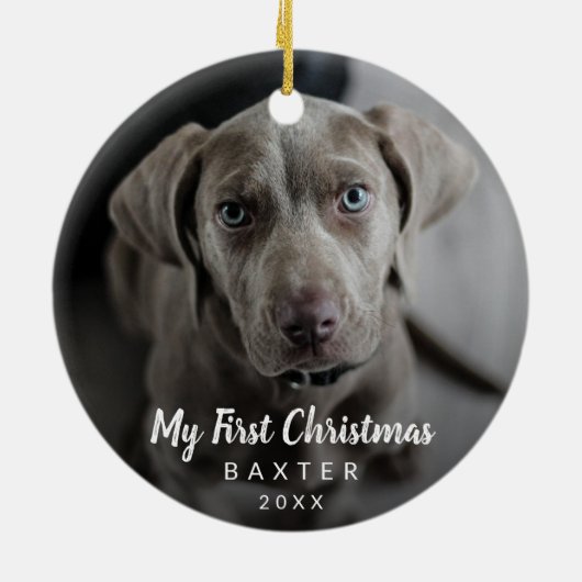 可愛いチョークスクリプトドッグフォトマイ初めてのクリスマス セラミックオーナメント (裏面)