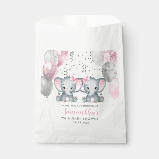 可愛いツインガールエレファントピンクバルーン赤ちゃんシャワー フェイバーバッグ (正面)