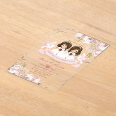 可愛いツインガールファースト聖体拝領ピンクフローラ アクリル招待状 (レイダウン)