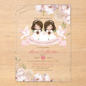 可愛いツインガールファースト聖体拝領ピンクフローラ アクリル招待状 (正面)