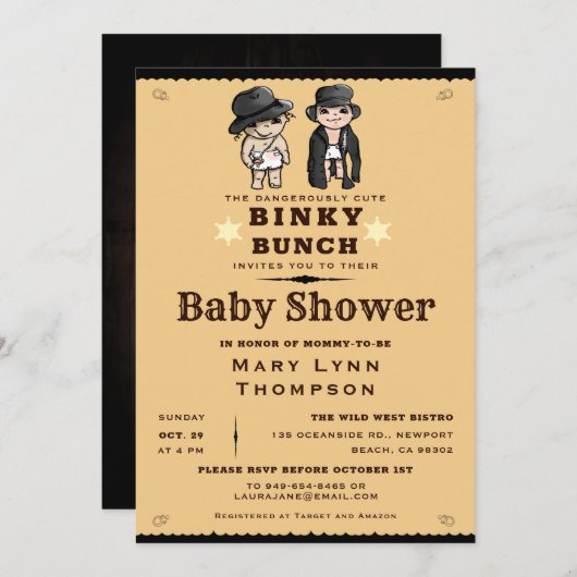 可愛いツインズビンキーバンクウェスタンベイビーシャワー 招待状 (正面/裏面)