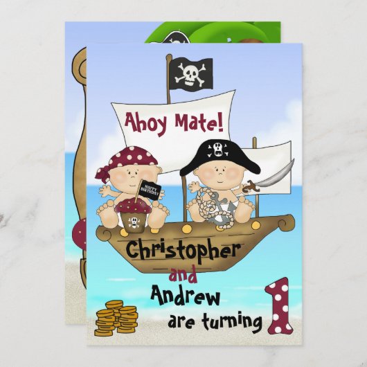 可愛いツインズリトルバッカニエ～海賊1歳の誕生日 招待状 (正面/裏面)