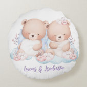可愛いツインテディベアベビーシャワーパーティー男の子 ラウンドクッション (裏面)