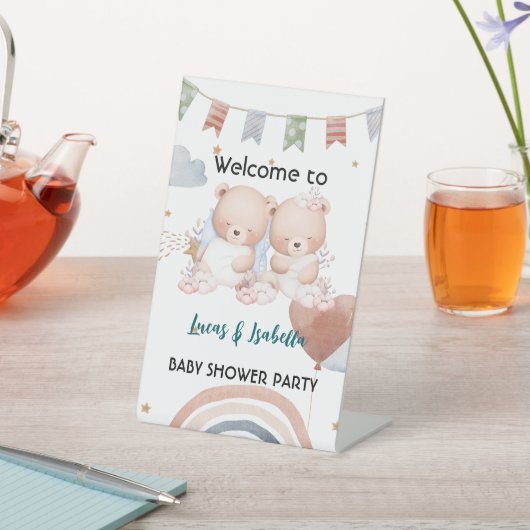 可愛いツインベアーバルーンベビーシャワーパーティー 台座サイン (インサイチュ)