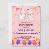 可愛いツインベアーバルーンベビーシャワーパーティー 招待状 (正面)