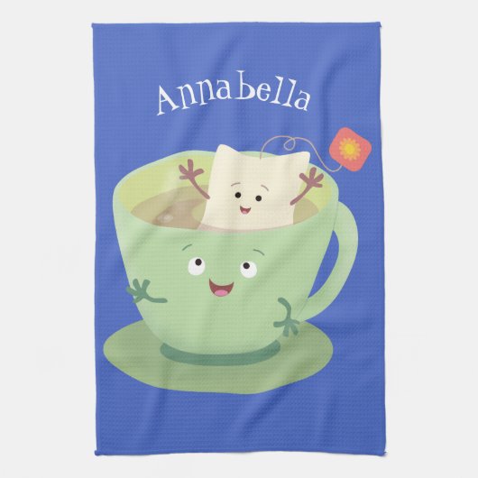 可愛いティーバグのカップ漫画ユーモアキャラクター キッチンタオル (縦)