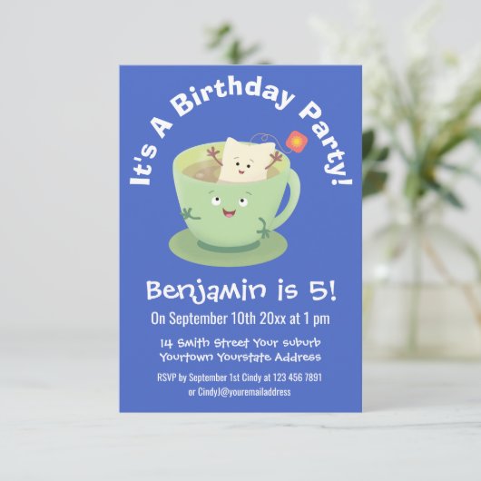 可愛いティーバグのカップ漫画ユーモアキャラクター 招待状 (スタンド正面)