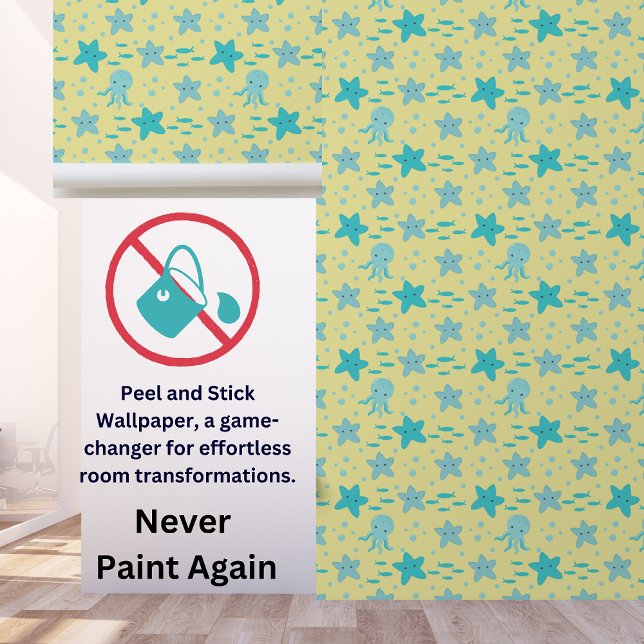 可愛いティールブルーイエローキッズ海のヒトイカ 壁紙 (クリエイターアップロード済み)