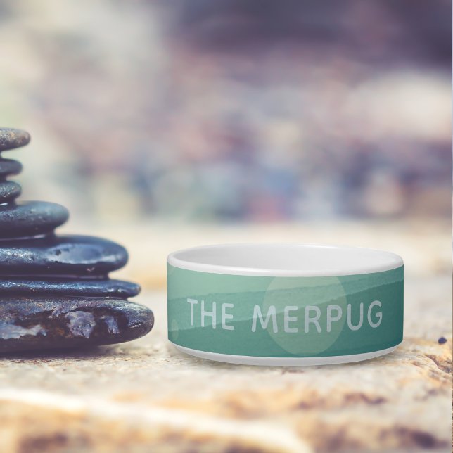可愛いティール（緑がかった色）ウォーターカスタムカラー犬の名前 ボウル (Add your sea dog's name to this teal watercolor pet food bowl)