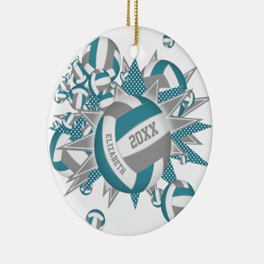 可愛いティール（緑がかった色）グレーバレーボール吹き出し女の子スポーツ セラミックオーナメント (右)