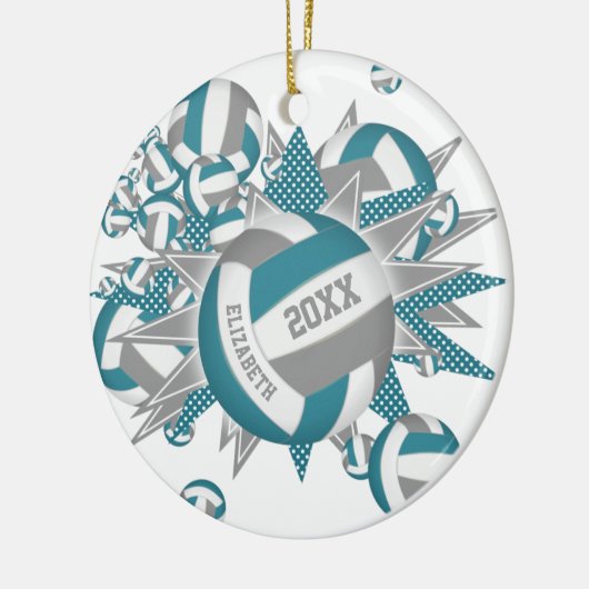 可愛いティール（緑がかった色）グレーバレーボール吹き出し女の子スポーツ セラミックオーナメント (左)