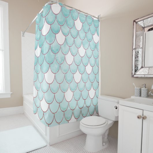 可愛いティール（緑がかった色）ピンクグリッターウォーターカラーマーメイドはかりで測 シャワーカーテン (インサイチュ)