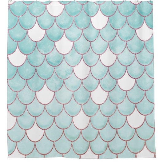 可愛いティール(緑がかった色)ピンクグリッターウォーターカラーマーメイドはかりで測 シャワーカーテン (正面)