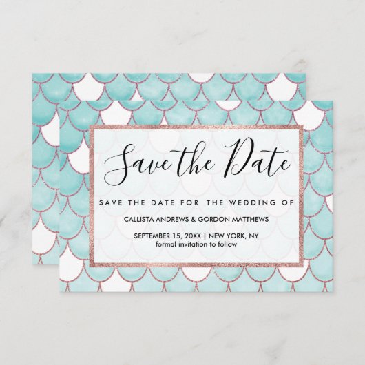 可愛いティール（緑がかった色）ピンクグリッターウォーターカラーマーメイドはかりで測 セーブザデート (正面/裏面)