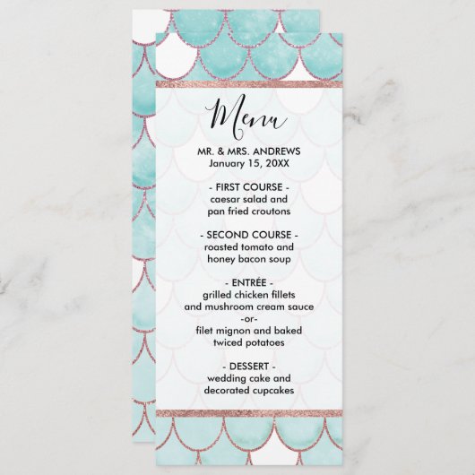 可愛いティール(緑がかった色)ピンクグリッターウォーターカラーマーメイドはかりで測 メニュー (正面/裏面)