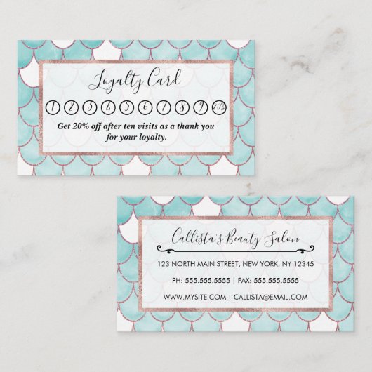 可愛いティール（緑がかった色）ピンクグリッターウォーターカラーマーメイドはかりで測 ロイヤリティカード (正面/裏面)