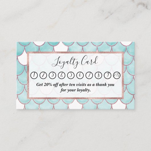 可愛いティール（緑がかった色）ピンクグリッターウォーターカラーマーメイドはかりで測 ロイヤリティカード (正面)